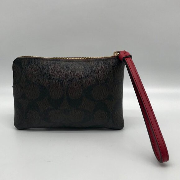 Coach Bold Red & Walnut Corner Signature Canvas Zip Wristlet - Picture 2 of 12